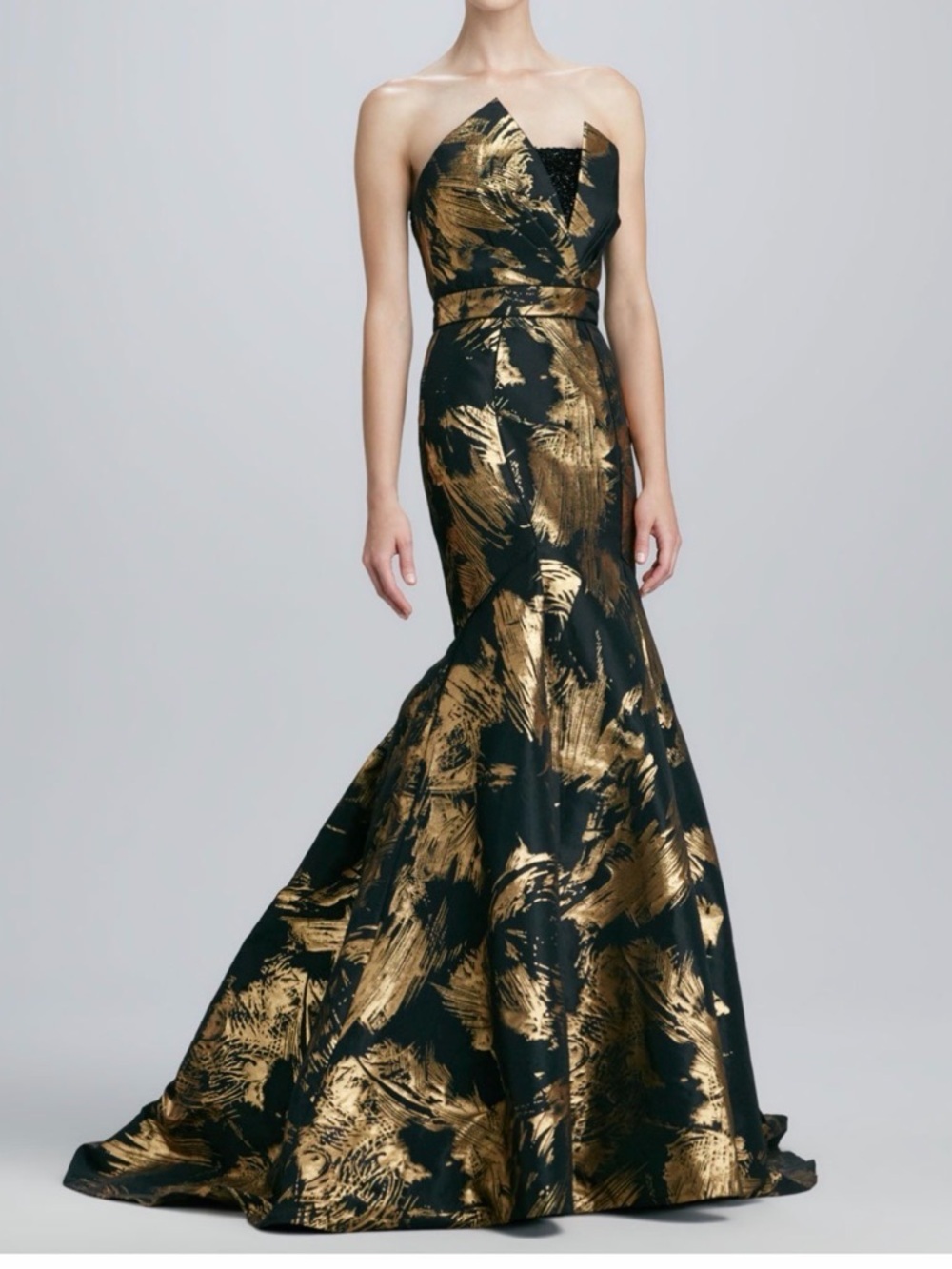 Theia black and gold gown with matching scarf. Mermaid / trumpet silhouette:
